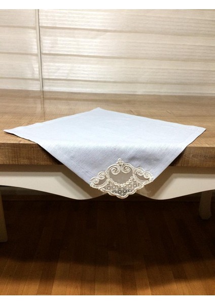 Masal Lüx Dantelli Simli Keten Kumaş Krem Masa Örtüsü ve Peçeteli Sofra Takımı 8 kişilik Dikdörtgen 160x230 cm 17 Parça - 174