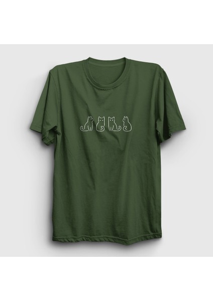 Unisex Haki Four Cats Kedi T-Shirt