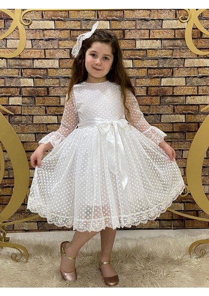 Dantelli Beyaz Mini Puantiyeli Kurdelalı Tül Elbise - Tül Abiye - Mezuniyet
