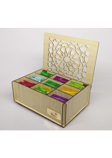 Ahşap Akça Renk Çay Kutusu 9 Bölmeli Kapaklı Poşet Bitki Çayı Saklama Kabı Tea Box ( Çaylar Dahil)