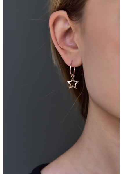 925 Ayar Gümüş Rose Kaplama Fırfırlı Yıldız Halka ve Top Küpe