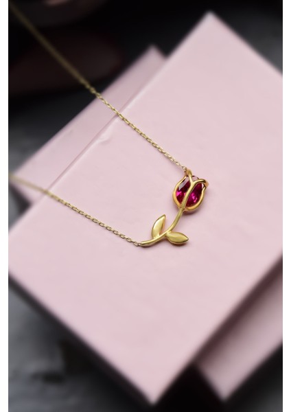 925 Ayar Gümüş Gold Kaplama Fuşya Taşlı Lale Kolye