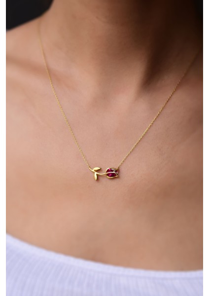 925 Ayar Gümüş Gold Kaplama Fuşya Taşlı Lale Kolye modelleri