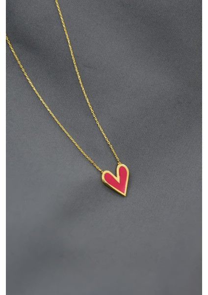 925 Ayar Gümüş Gold Kaplama Fuşya Mineli Keskin Kalp Kolye