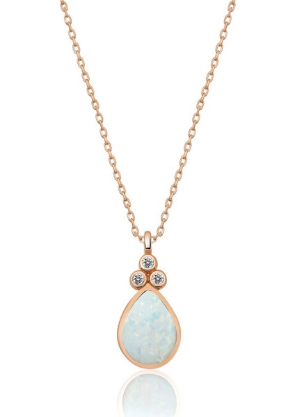 925 Ayar Gümüş Rose Kaplama Beyaz Opal Taşlı Damla Kolye