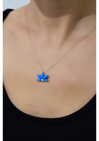 925 Ayar Gümüş Rose Kaplama Opal Taşlı Lotus Kolye
