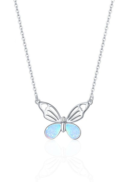 925 Ayar Gümüş Rodyum Kaplama Opal Taşlı Kelebek Kolye