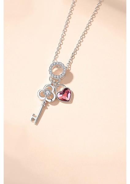 925 Ayar Gümüş Rodyum Kaplama Pembe Kalp Anahtar Halka Kolye