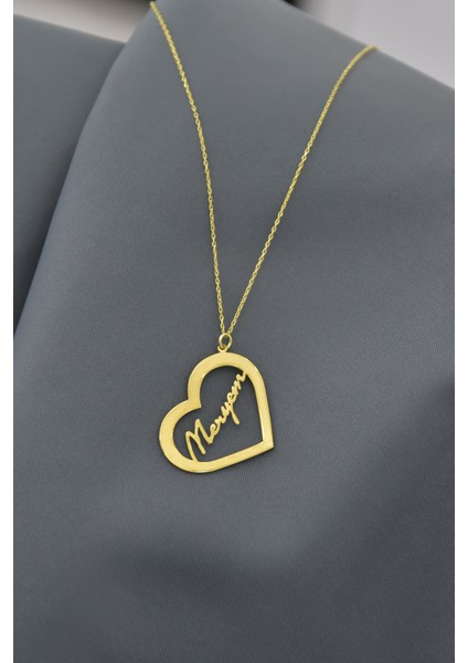 925 Ayar Gümüş Gold Kaplama Meryem Yazılı Kesim Kalp Kadın Kolye