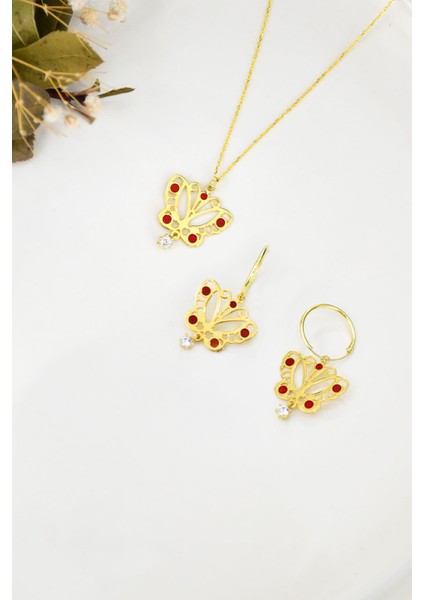 925 Ayar Gümüş Altın Kaplama Mineli Beyaz Taşlı Kelebek Kolye Küpe Set