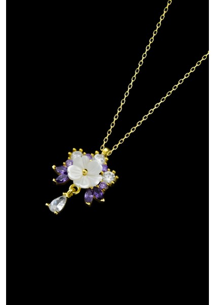 925 Ayar Gümüş Gold Kaplama Tasarım Sedef Manolya Çiçeği Kolye