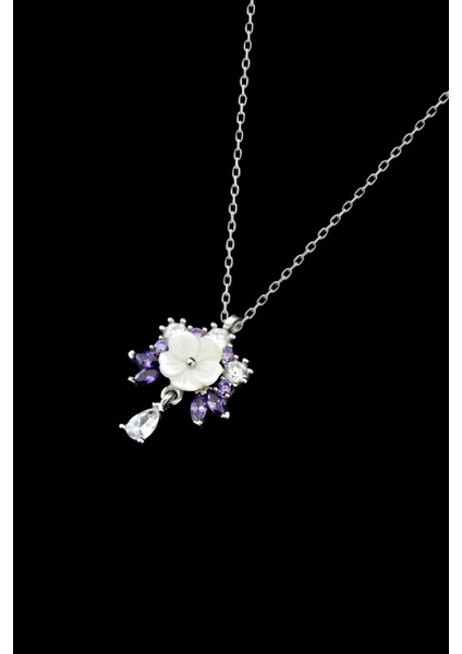 925 Ayar Gümüş Rodyum Kaplama Tasarım Sedef Manolya Çiçeği Kolye