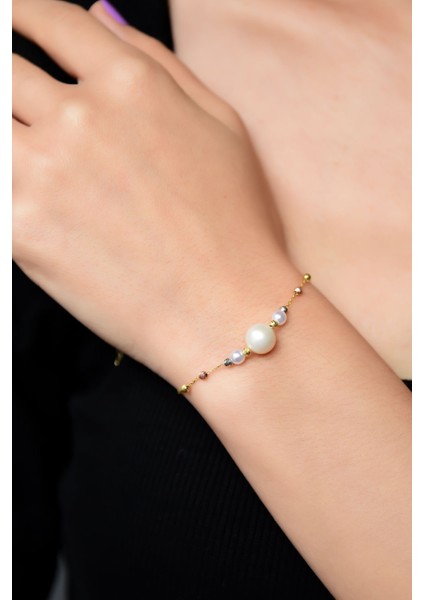 925 Ayar Gümüş Üç Renk Kaplama Dorika Toplu Incili Kadın Bileklik