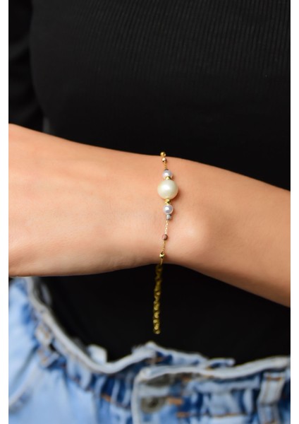 925 Ayar Gümüş Üç Renk Kaplama Dorika Toplu Incili Kadın Bileklik fiyatları