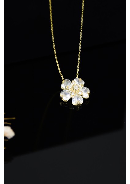 925 Ayar Gümüş Gold Kaplama Mistik Taşlı Unutma Beni Çiçeği Kadın Kolye