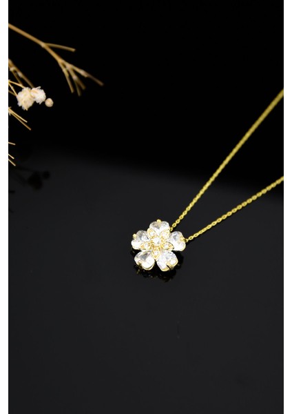 925 Ayar Gümüş Gold Kaplama Mistik Taşlı Unutma Beni Çiçeği Kadın Kolye fiyatları