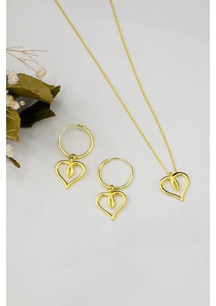 925 Ayar Gümüş Altın Kaplama Kalp Kolye Küpe Set