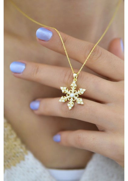 925 Ayar Gümüş Gold Kaplama Opal Kar Tanesi Kadın Kolye