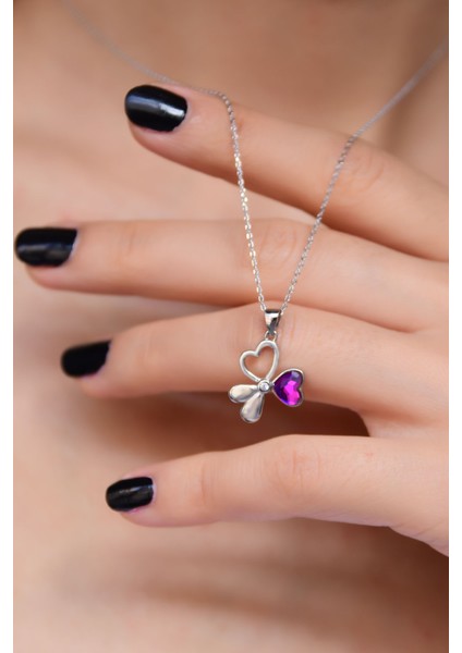 925 Ayar Gümüş Rodyum Kaplama Renk Geçişli Üç Kalp Tasarım Kolye