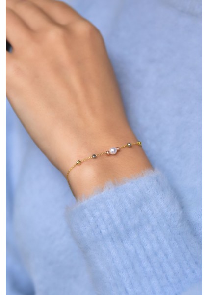 925 Ayar Gümüş Üç Renk Kaplama Dorika Toplu Incili Kadın Bileklik UVPTSS200000