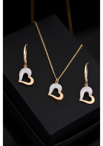 925 Ayar Gümüş Rose Kaplama Sedef Mineli Kalp Kolye ve Küpe Kadın Set UVPTS600003