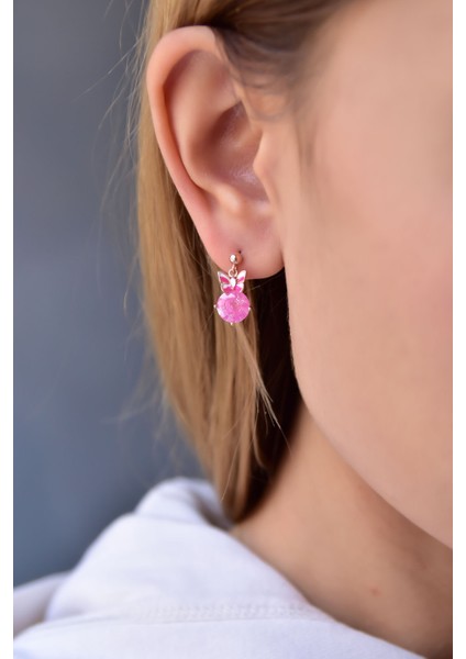 925 Ayar Gümüş Pembe Taşlı Kelebek Mineli Çivili Küpe