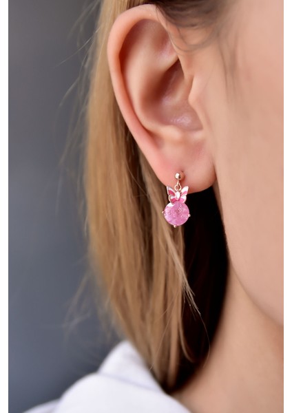 925 Ayar Gümüş Pembe Taşlı Kelebek Mineli Çivili Küpe fiyatları