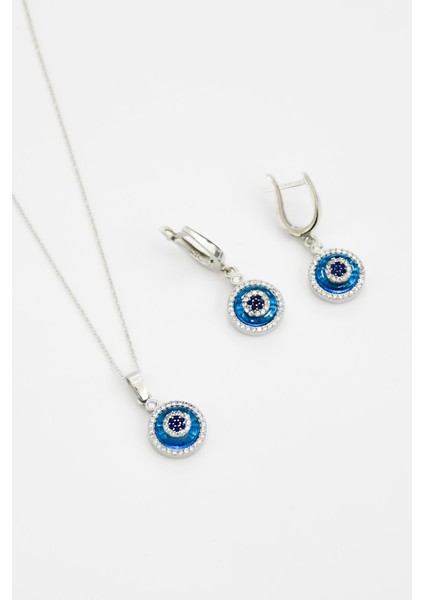 925 Ayar Gümüş Rodyum Kaplama Mavi Göz Kolye Küpe Set