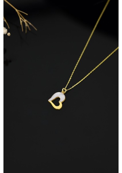 925 Ayar Gümüş Gold Kaplama Sedef Mineli Kalp Kadın Kolye