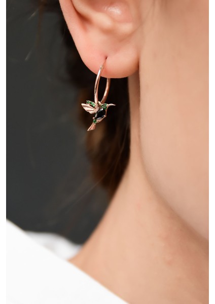 925 Ayar Gümüş Rose Kaplama Siyah Yeşil Taşlı Halka Kuş Küpe