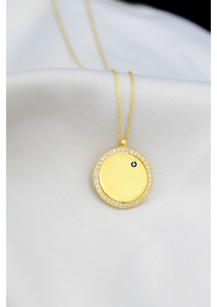 925 Ayar Gümüş Altın Kaplama Taşlı Gözlü Plaka Kolye