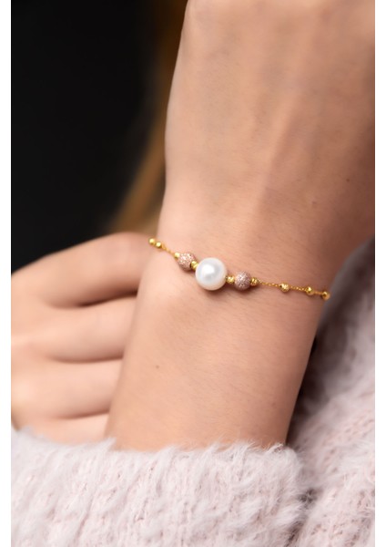 925 Ayar Gümüş Rose Sim Toplu Altın Dorika Toplu Inci Kadın Bileklik