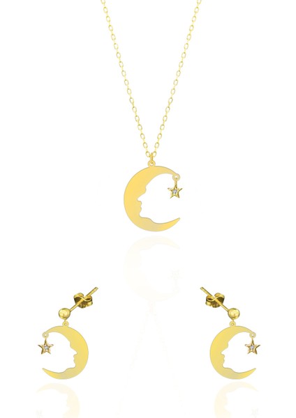 925 Ayar Gümüş Gold Kaplama Atatürk Silüeti Kolye ve Küpe Takım UVPS102258