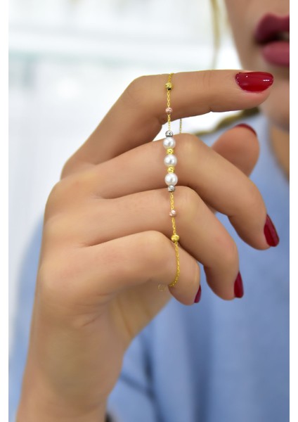 925 Ayar Gümüş Üç Renk Kaplama Dorika Toplu Üç Incili Kadın Bileklik UVPTS200003