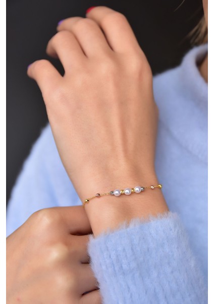 925 Ayar Gümüş Üç Renk Kaplama Dorika Toplu Üç Incili Kadın Bileklik UVPTS200003 fiyatları