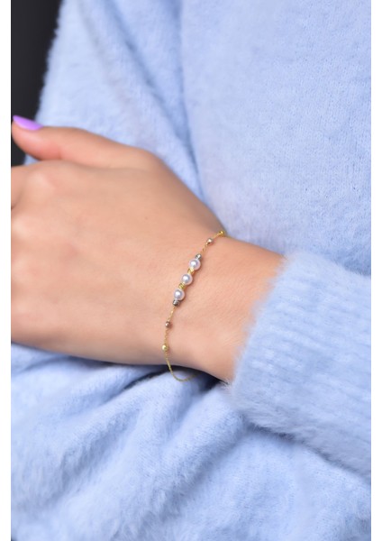 925 Ayar Gümüş Üç Renk Kaplama Dorika Toplu Üç Incili Kadın Bileklik UVPTS200003 modelleri