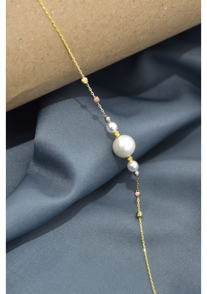 925 Ayar Gümüş Üç Renk Kaplama Dorika Toplu Incili Kadın Bileklik modelleri