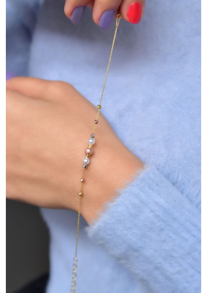 925 Ayar Gümüş Altın Kaplama Sim Dorika Toplu Inci Kadın Bileklik UVPTS200004