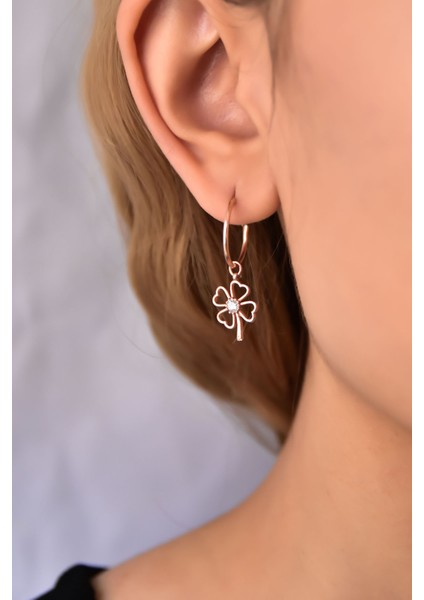 925 Ayar Gümüş Rose Kaplama Yonca Halka Küpe