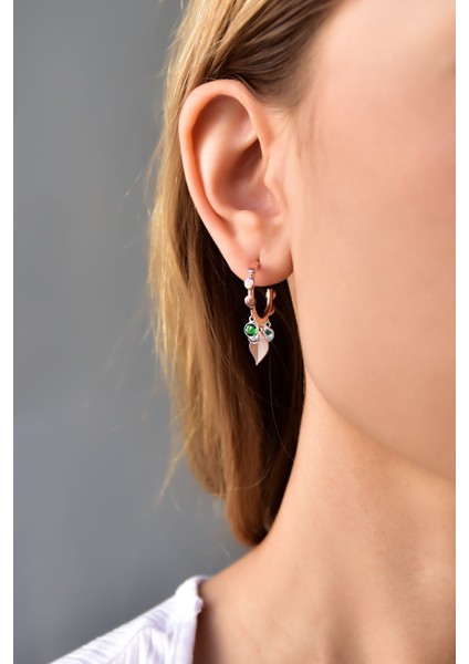 925 Ayar Gümüş Rose Kaplama Renkli Taşlı Yapraklı Halka Küpe