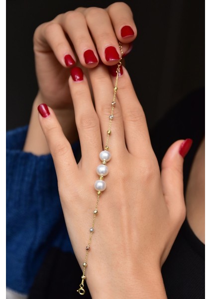 925 Ayar Gümüş Üç Renk Dorika Toplu Incili Kadın Bileklik