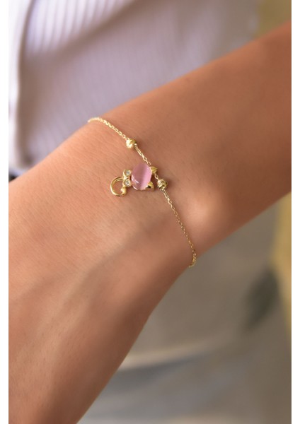 925 Ayar Gümüş Altın Kaplama Dorika Toplu Ay Taşlı Kedi Bileklik