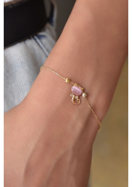 925 Ayar Gümüş Altın Kaplama Dorika Toplu Ay Taşlı Kedi Bileklik fiyatları