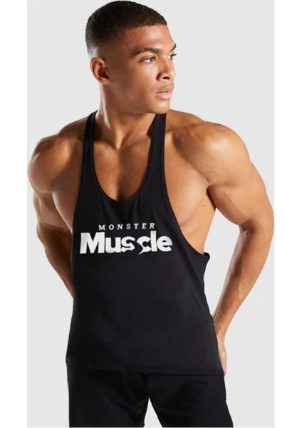 Erkek Siyah Monster Muscle Gym Fitness Tank Top Sporcu Atleti