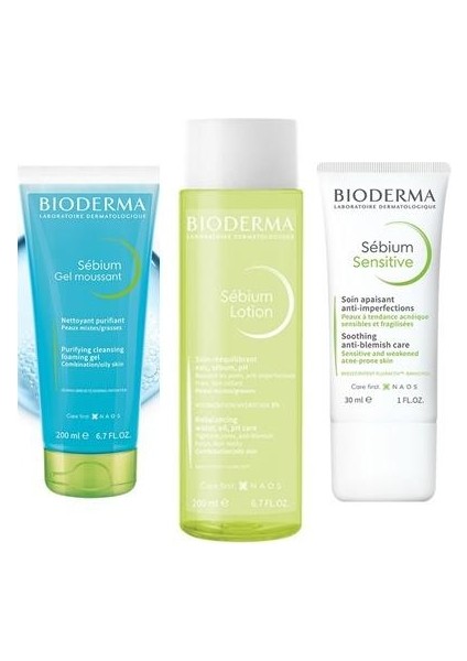 Sebium Foaming Gel Tüp 200 Ml+Bioderma Sebium Lotion 200 Ml+Bioderma Sebium Sensitive Cream 30 ml