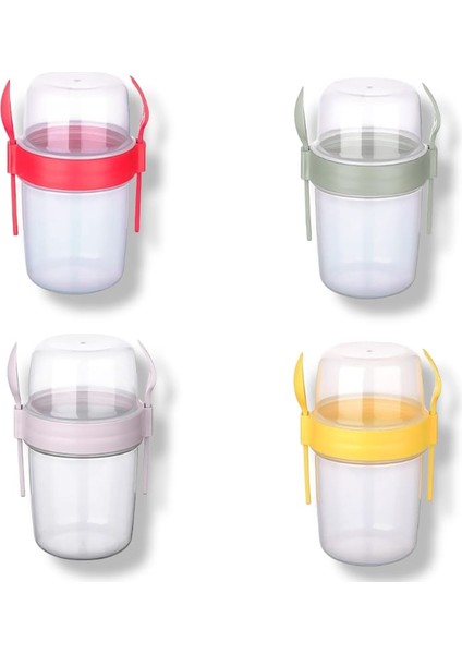 Dörtlü Çift Hazneli Çatal Kaşıklı Meyveli Yoğurt Müsli Yulaf Diyet Atıştırmalık Kabı