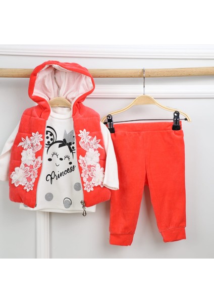 Kadife Kızlar Için 3'lü Pantolon ve Ceket Takımı