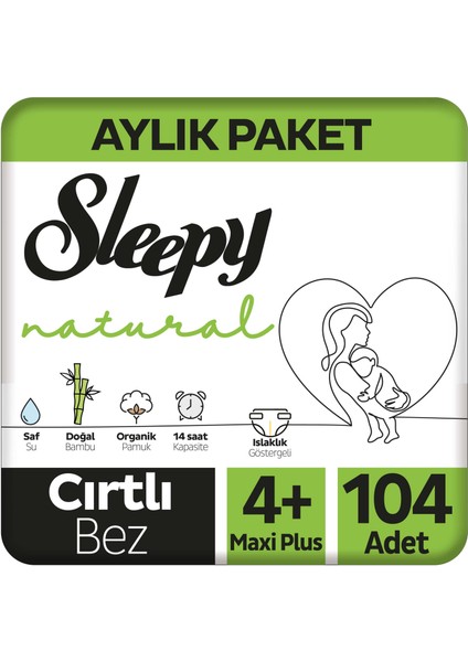 Natural Aylık Paket Bebek Bezi 4+ Numara Maxi Plus 104 Adet