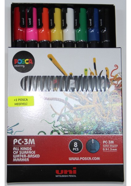 Uni Posca Pc-3m 0.9-1.3 mm Su Bazlı Boyama Markörü Seti Ana Renkler 8 Renk