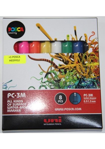 Uni Posca Pc-3m 0.9-1.3 mm Su Bazlı Boyama Markörü Seti Ana Renkler 8 Renk